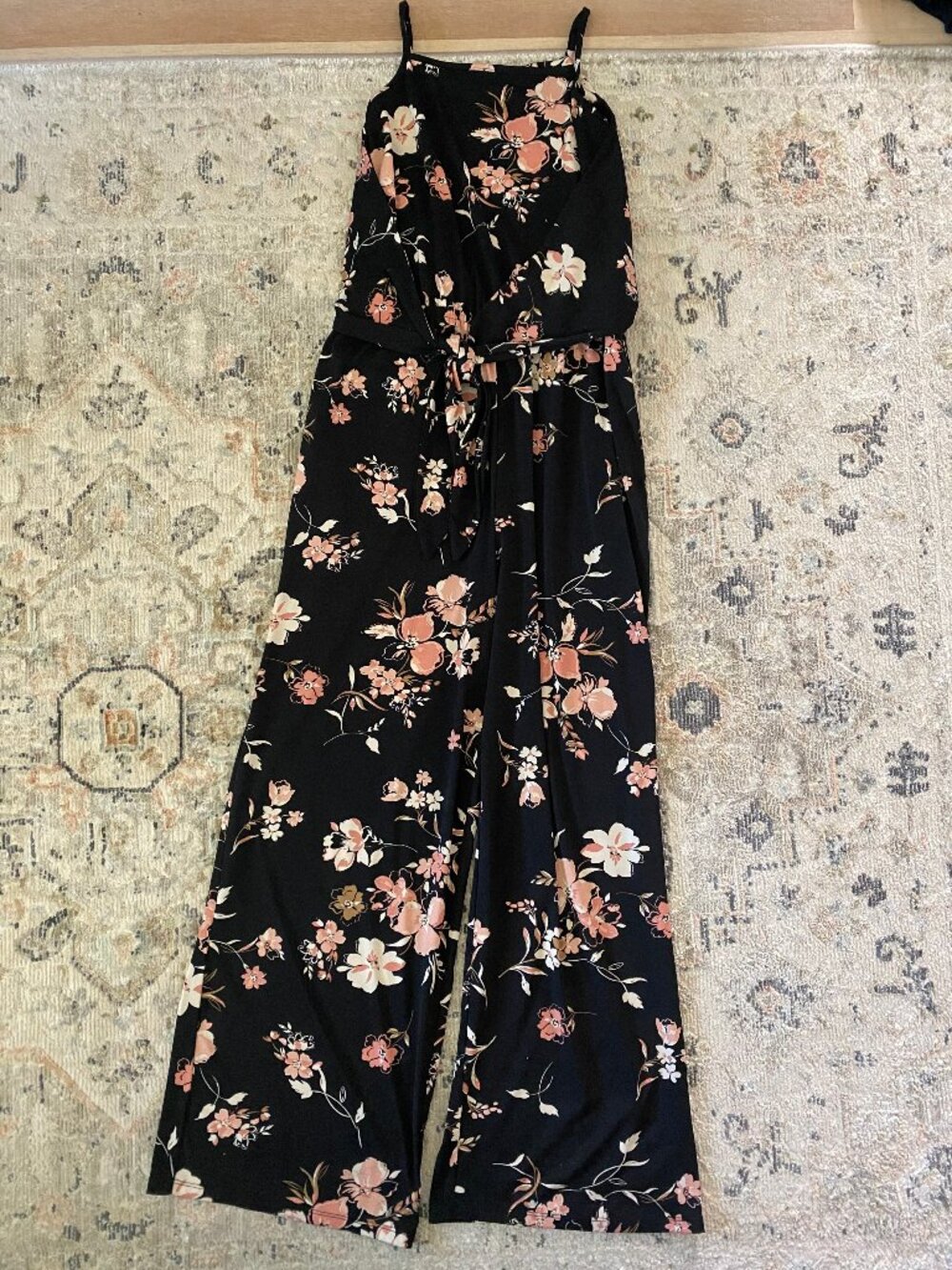 maurices black and pale orange floral jumpsuit